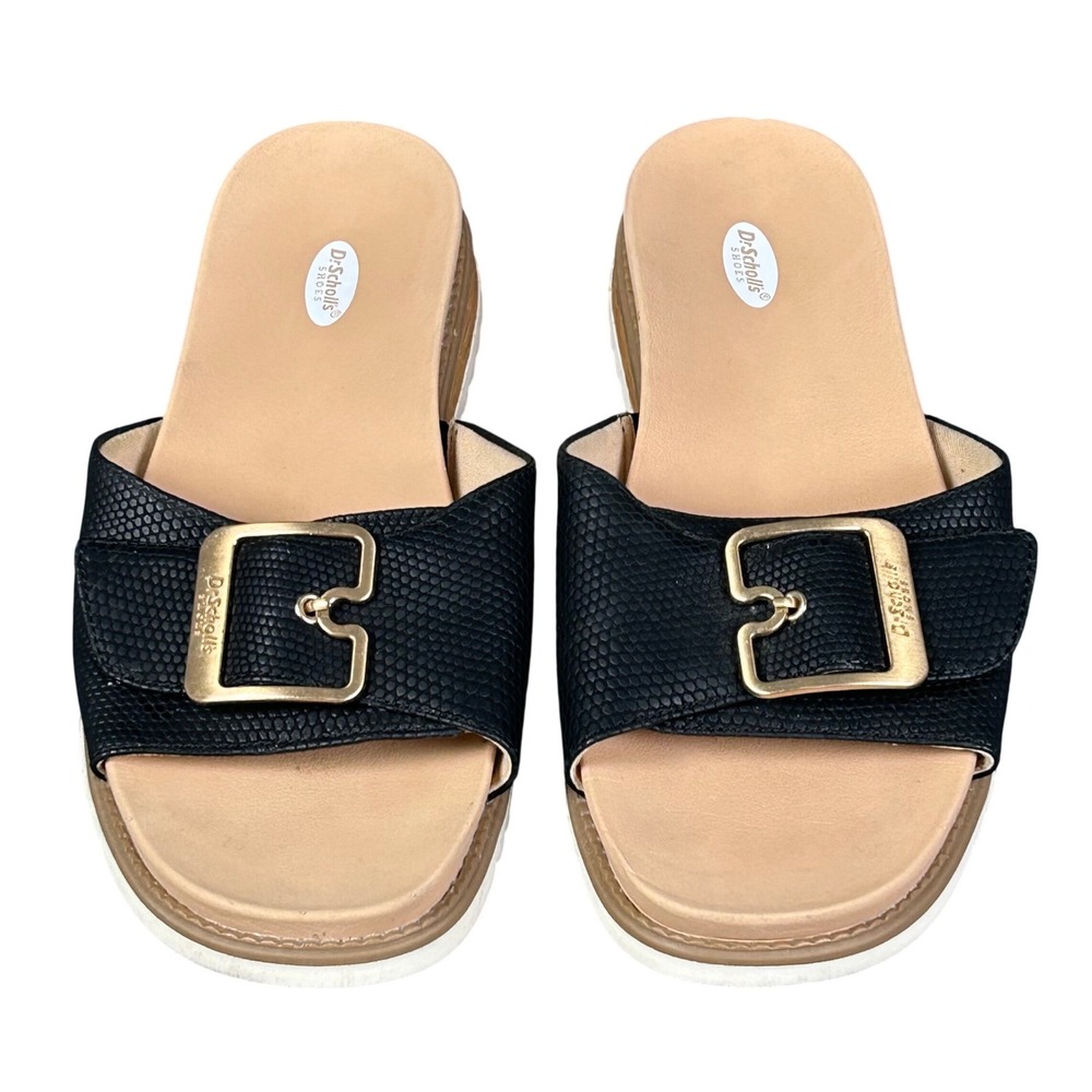 Dr. Scholl's Black Slide Sandals with Gold Buckle